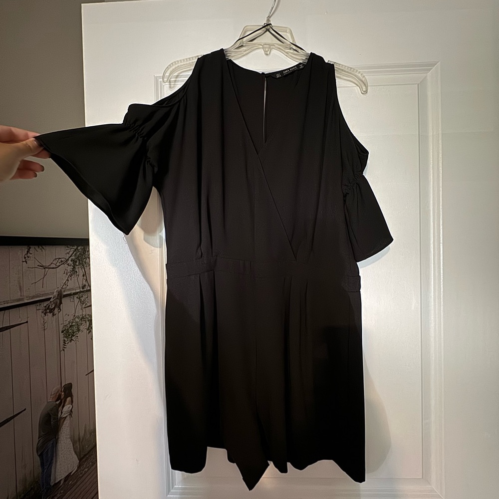 Zara Black Dressy Romper- Cold Shoulder & Frill Sleeve